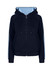A navy hoodie with light blue stripe sleeves and a front zip, featuring a hood and front pockets.
