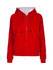 A red hoodie with stripe sleeves, featuring a zip front and two front pockets. It has a hood and a branding logo.