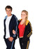 A couple wearing hoodies, one navy blue with light blue stripes and the other black with orange stripes, both with hoods.