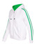 A white hoodie with green stripe sleeves and a green lined hood, featuring a zip and front pockets.
