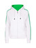 A white hoodie featuring green stripe sleeves and an inner lining, with a zip front and drawstring hood.