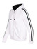 A white hoodie with black stripe sleeves, featuring a front zip and a large hood. The design includes a logo.