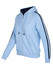 A light blue hoodie with black stripe sleeves, featuring a zip front and a kangaroo pocket. It has a hood and ribbed cuffs.