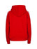 A red hoodie with stripe sleeves and a kangaroo pocket, featuring a hood and ribbed cuffs.