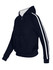 A black hoodie with white stripe sleeves, featuring a zip-up front and a kangaroo pocket. It has a branded logo.
