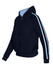 A black hoodie featuring blue stripe sleeves, with a zip front and a hood. It has a branding logo.