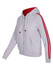 A grey hoodie with red stripes down the sleeves, featuring a zip closure and a red-lined hood.