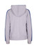A light grey hoodie with blue stripe sleeves and a hood, featuring a logo on the back.