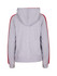 A grey women's hoodie with red stripe sleeves and a hood, featuring a logo on the back.