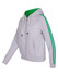 A grey hoodie with green stripe sleeves, featuring a zip front, pockets, and a green inner lining.