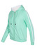 A mint green hoodie with white stripe sleeves and a front zip. It features a hood and front pockets.