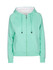 A mint green women's hoodie with stripe sleeves, featuring a front zip and a kangaroo pocket. It has a logo.