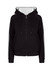A black zip-up hoodie with white striped sleeves and a front pocket. It features a hood and a branded logo.