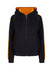 A black hoodie with orange stripe sleeves and a zip-front. It features a drawstring hood and front pockets.