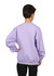 A kid wearing a lilac crew neck jumper, viewed from the back, with long sleeves and a loose fit.