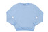 A light blue kids' crew neck jumper with long sleeves and ribbed cuffs. Features a logo on the inside neck.