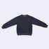 A dark grey crew neck jumper with long sleeves and ribbed cuffs and hem. It features a logo on the neckline.