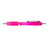 A vibrant pink transparent pen with a shiny silver clip and a chrome tip.