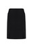 A black straight skirt featuring front pleat details and side slits, with no visible branding.