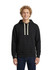 A purple and a blue men's brushed heavy fleece hoodie worn by a woman and man, both smiling. The hoodies have white drawstrings.