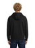 A blue men's brushed heavy fleece hoodie with a front pocket and a logo on the chest, modelled by a smiling man.
