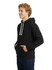 A blue men's brushed heavy fleece hoodie with a front pocket and drawstring hood, worn by a model.