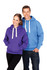 A purple and a blue heavy fleece hoodie are worn by two people, posing together against a white background.
