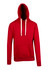 A red brushed heavy fleece hoodie with a front pocket and a hood, featuring a contrasting drawstring.