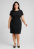 A black short sleeve shift dress with a fitted silhouette, featuring a round neckline and a subtle logo.