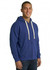 A blue men's brushed heavy zip fleece hoodie with a hood, featuring a logo and front pockets.