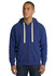 A navy blue and maroon zip fleece hoodie displayed on models, featuring a logo and string detailing.