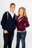 A navy blue and maroon men's brushed heavy zip fleece hoodie, featuring a hood and pockets, displayed by two models.
