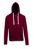 A maroon zip fleece hoodie with a hood, featuring cream drawstrings and a front pocket. It has a logo on it.