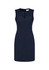 A sleeveless, navy wool blend dress featuring a V-neck design and a zip closure at the back.