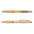 A bamboo pen with silver accents, featuring a sleek design and a chrome clip. It has a branding logo.