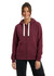 A zip fleece hoodie in burgundy, featuring a hood and contrasting drawstrings, worn by a smiling model.
