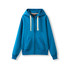 A blue women's junior heavy zip fleece hoodie with a hood and two front pockets. It features a logo on the garment.