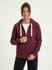 A blue women's heavy zip fleece hoodie and a black men's hoodie, both featuring drawstrings and a logo.