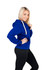 A blue women's heavy zip fleece hoodie featuring a front pocket and a hood, paired with black leggings.