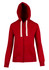 A red women's junior heavy zip fleece hoodie featuring a drawstring hood and ribbed cuffs, with a logo present.