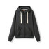A black heavy zip fleece hoodie with a hood and cream drawstrings, featuring front pockets and a brand logo.