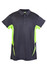 A polyester polo shirt in navy and bright lime green, featuring short sleeves and a logo.