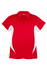 A red polyester polo shirt with white accents and a collar. Features a buttoned placket and short sleeves.