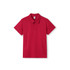 A red polyester polo shirt with a collar, featuring a logo on the chest.