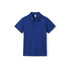 A blue polo shirt featuring short sleeves, a collar, and a buttoned placket, with a logo on the chest.
