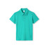 A turquoise polo shirt featuring short sleeves and a collar, with a logo on the front.
