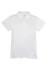 A white polyester polo shirt featuring a collar, short sleeves, and a subtle logo.