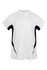 A white polo shirt with black accents and a logo on the chest. Features a classic collar and short sleeves.