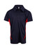 A polyester polo shirt in navy blue with red side panels and a collar. Features a logo on the chest area.