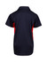 A navy blue and red polyester polo shirt with a collar and short sleeves, featuring a logo.
